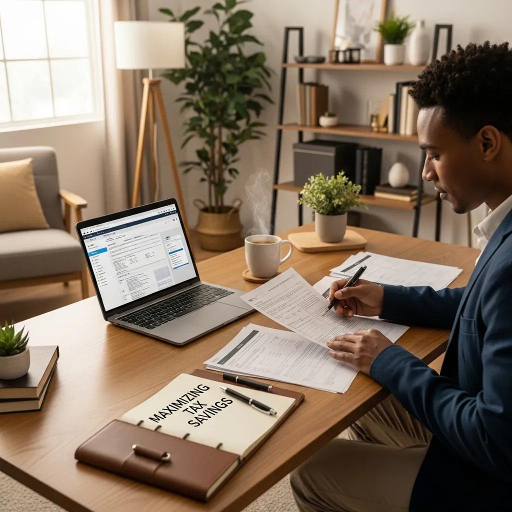Cozy home office scene with a professional reviewing financial documents, emphasizing tax savings strategies