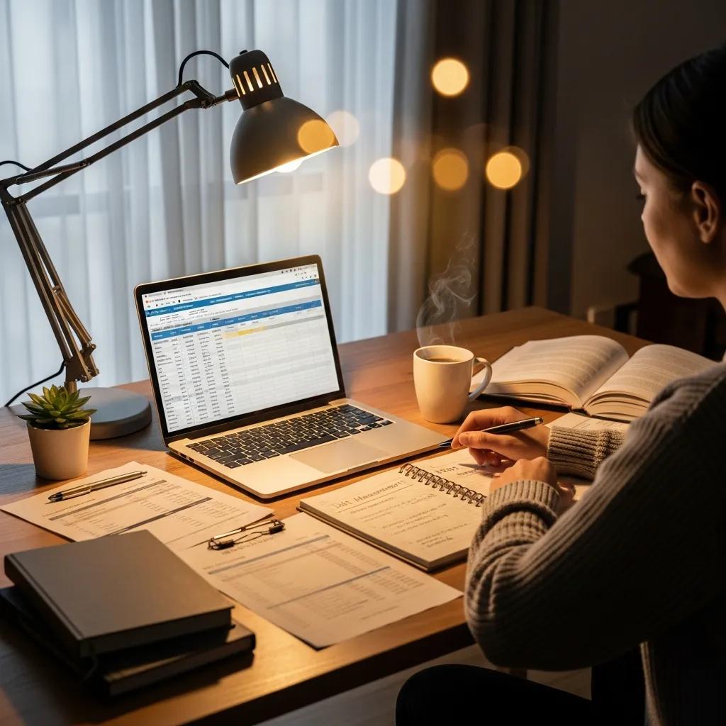 Cozy workspace with a person managing finances, laptop, and coffee