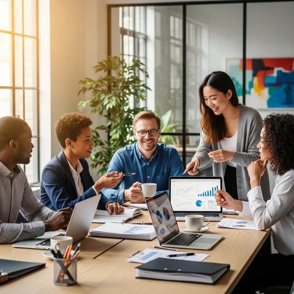 Diverse professionals discussing international tax strategies in a modern office setting