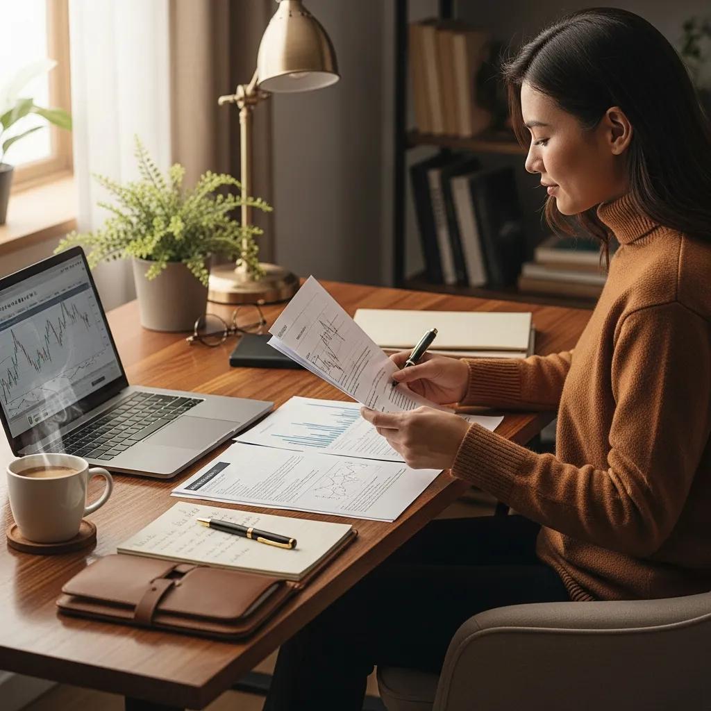 Executive reviewing financial documents in a cozy home office, emphasizing emergency fund planning