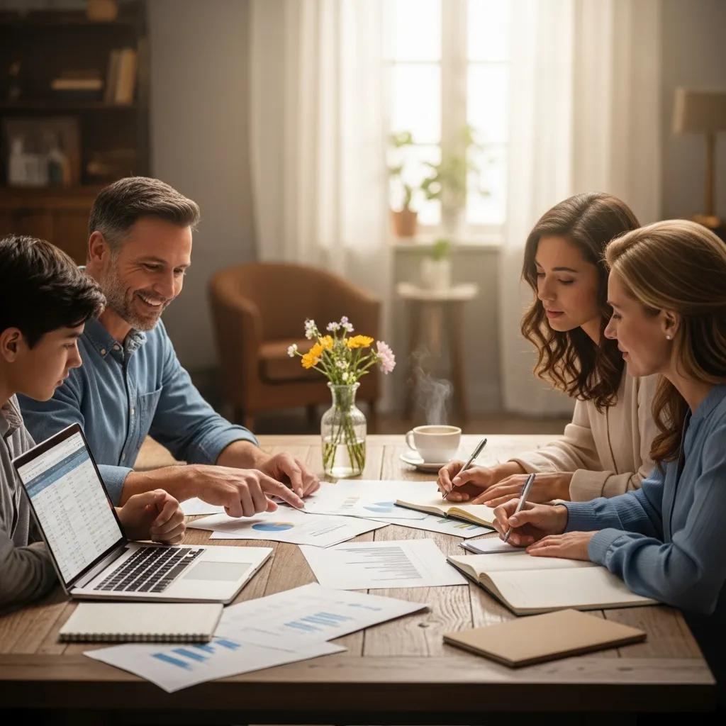 Family discussing financial plans at a cozy dining table with documents and a laptop