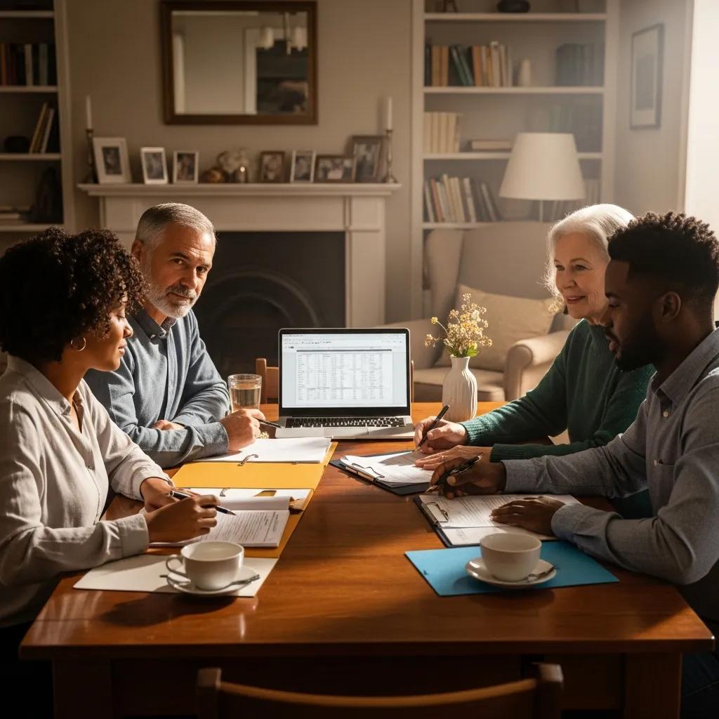 Family discussing legacy planning at a table with financial documents