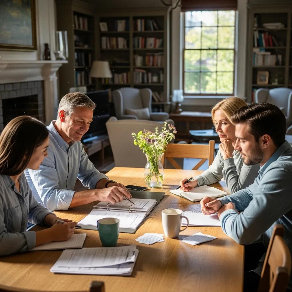 Family discussing legacy planning strategies around a table, emphasizing open communication and collaboration