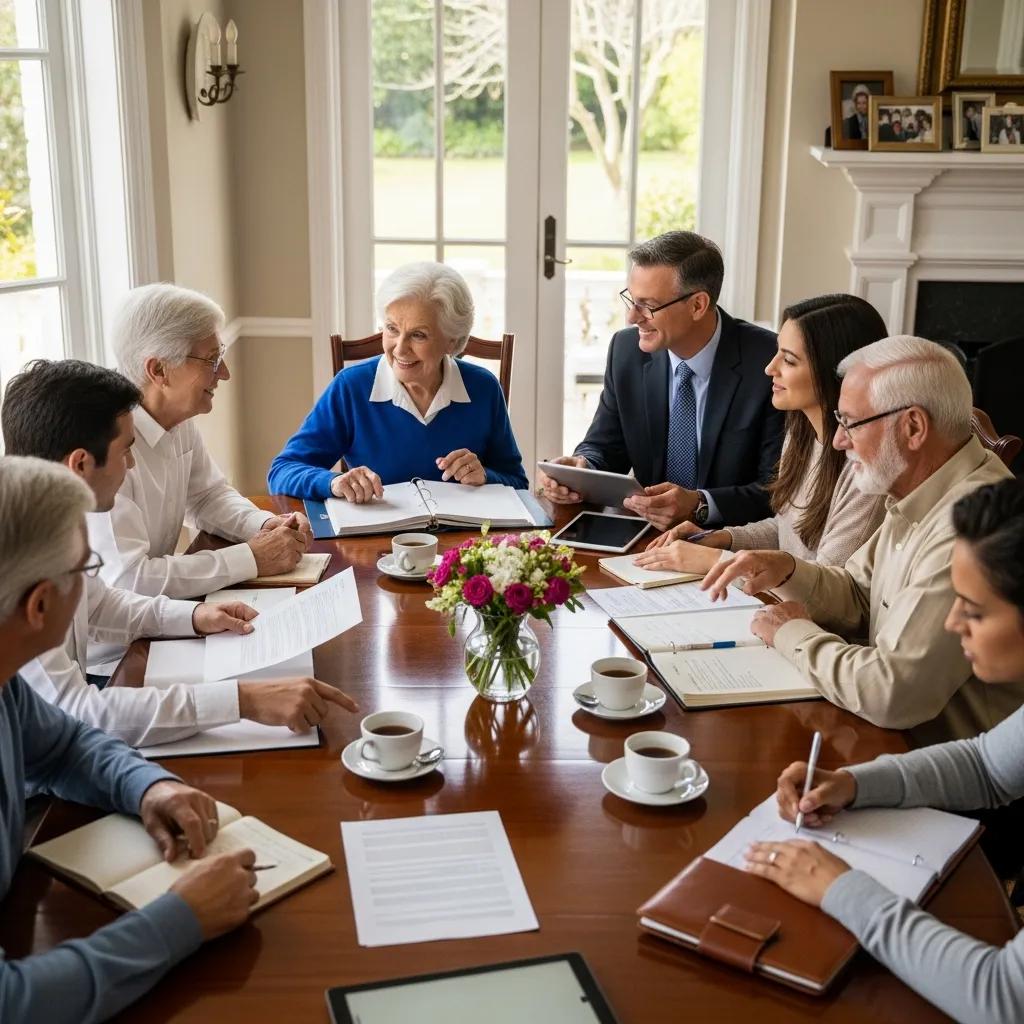 Family gathered around a table discussing legacy and estate plans