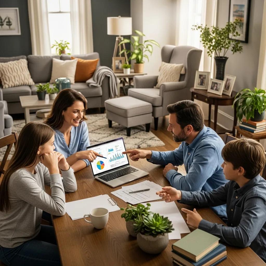 Family discussing wealth management strategies in a cozy living room