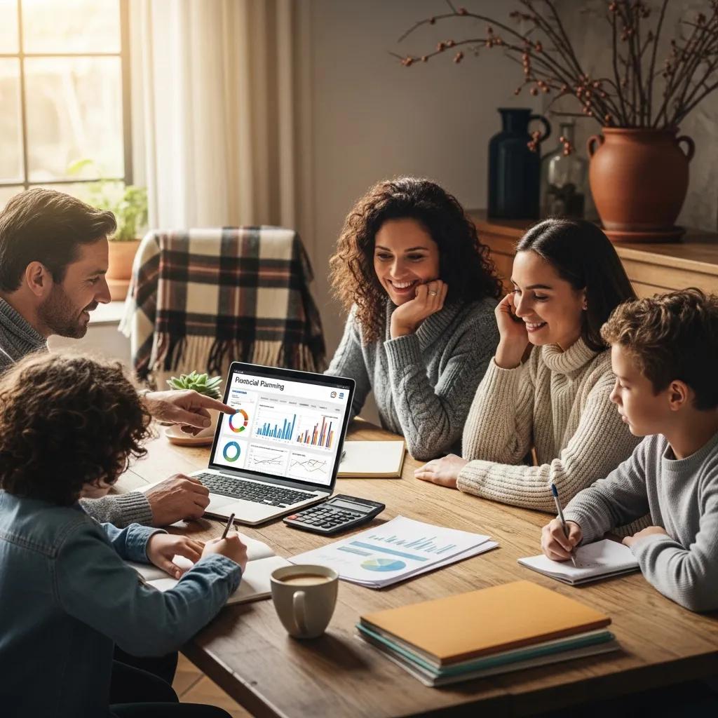 Family engaged in financial planning around a table with a laptop and documents