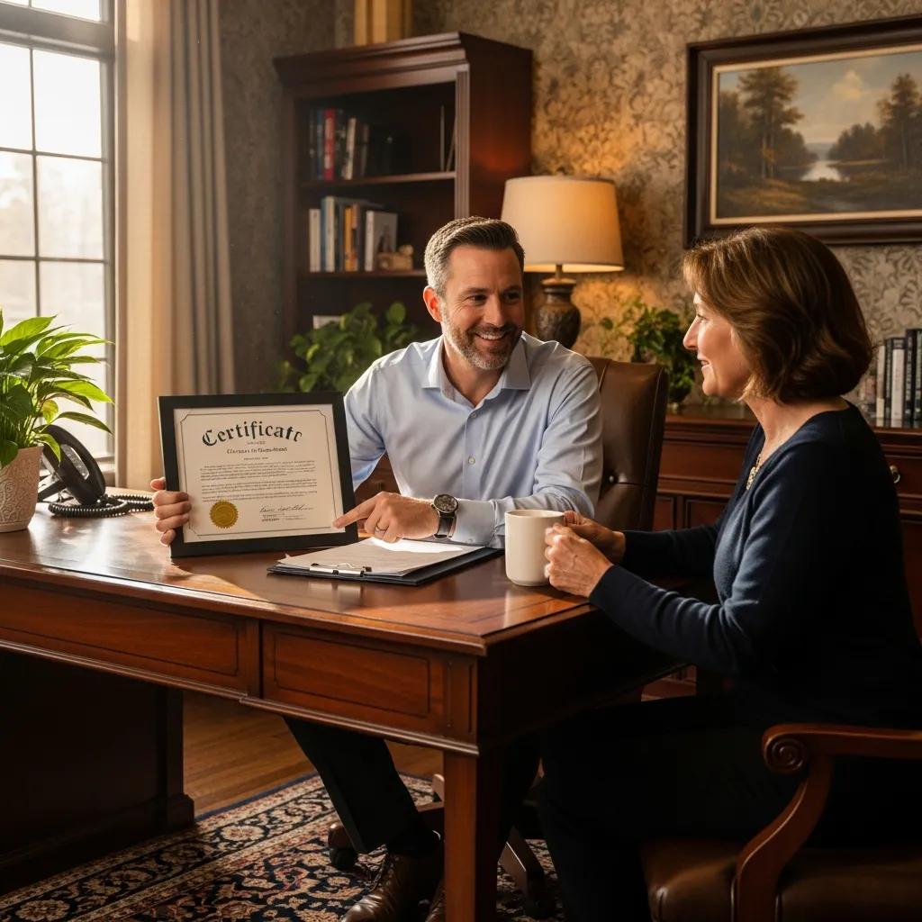 Financial advisor and client reviewing certifications in a cozy office