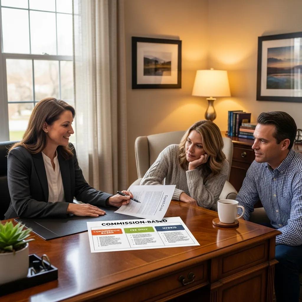 Financial advisor explaining fee structures to a couple in a cozy office