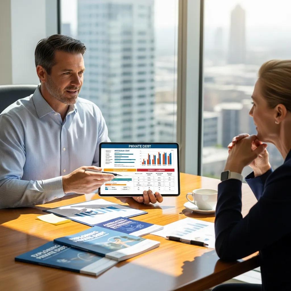 Financial advisor explaining private debt instruments to a client in a professional office, focusing on education