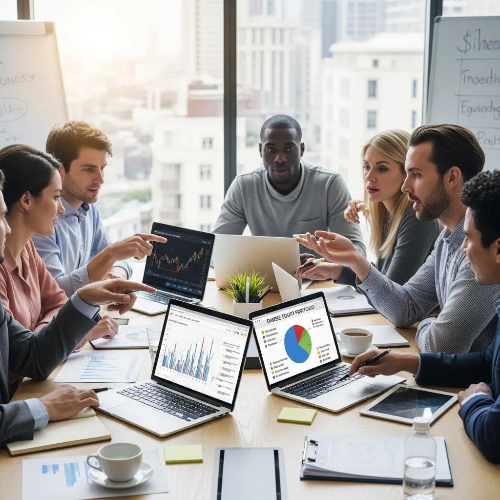 Group of diverse individuals discussing investment strategies, illustrating the concept of a diversified equity portfolio
