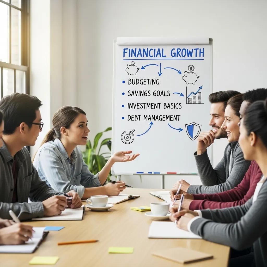 Group of individuals collaborating in a peer financial coaching session, sharing insights and strategies