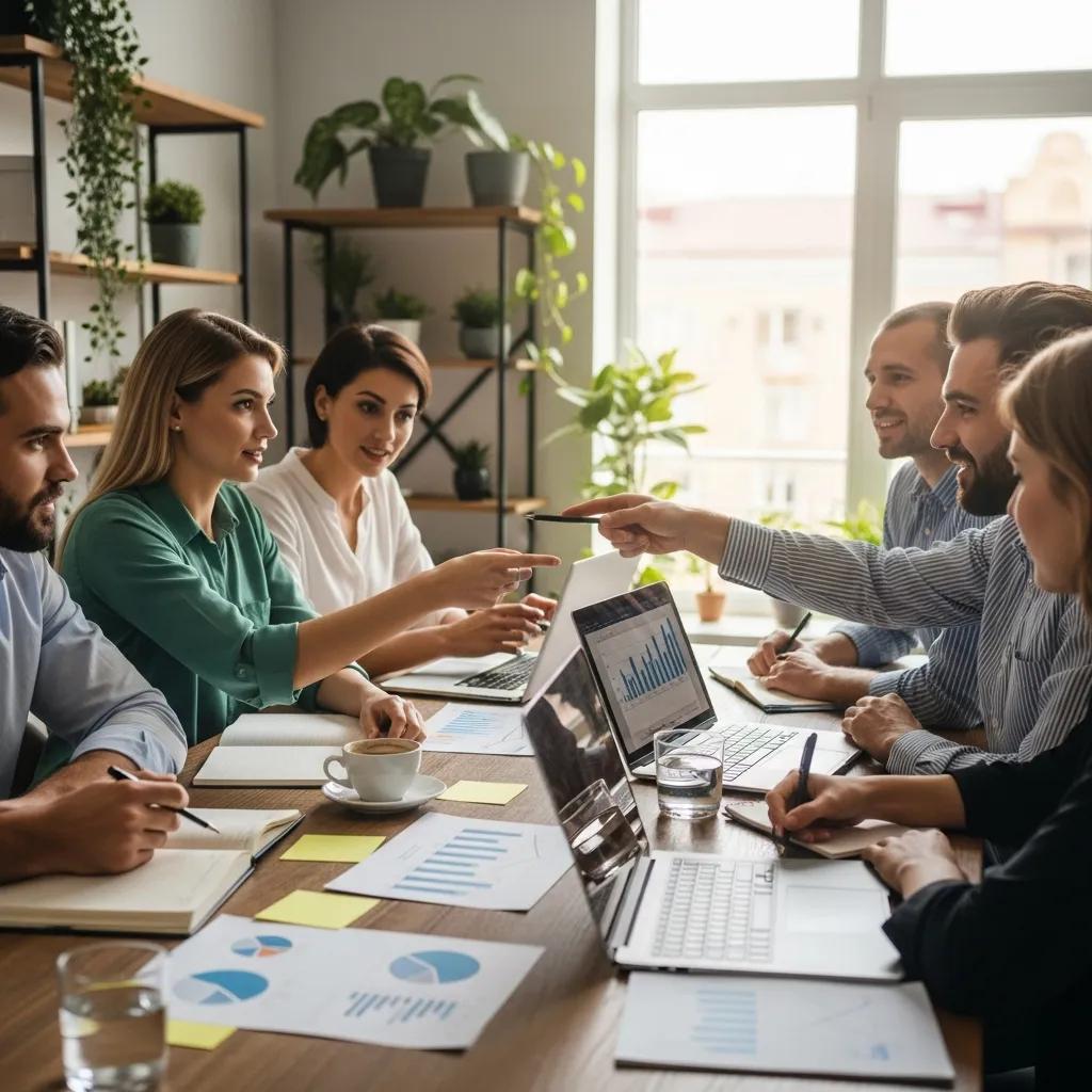 Group of professionals discussing financial plans in a cozy home office setting