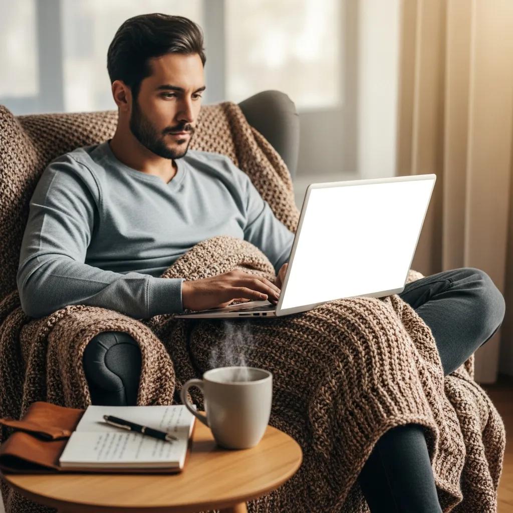 Individual analyzing investment data on a laptop in a cozy home setting