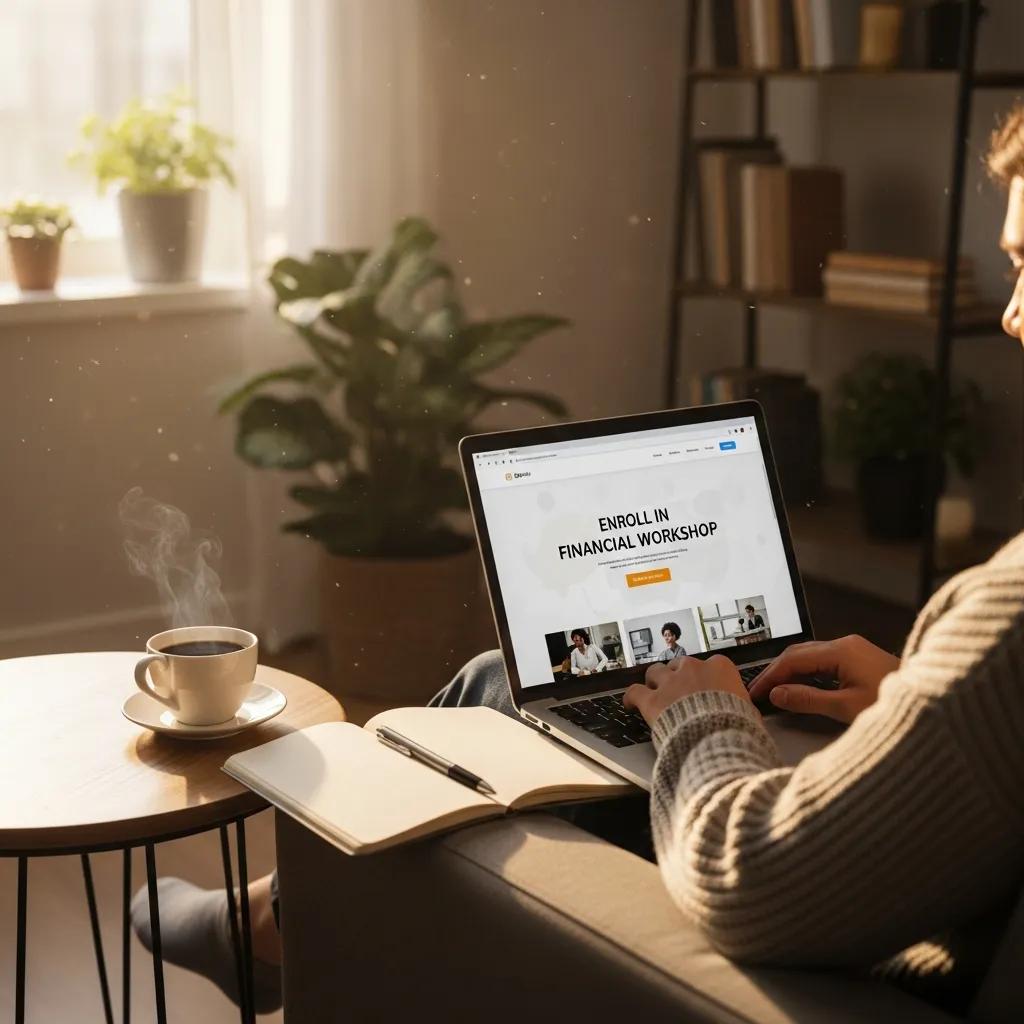 Individual enrolling in an online financial workshop from home, highlighting accessibility and comfort in financial education