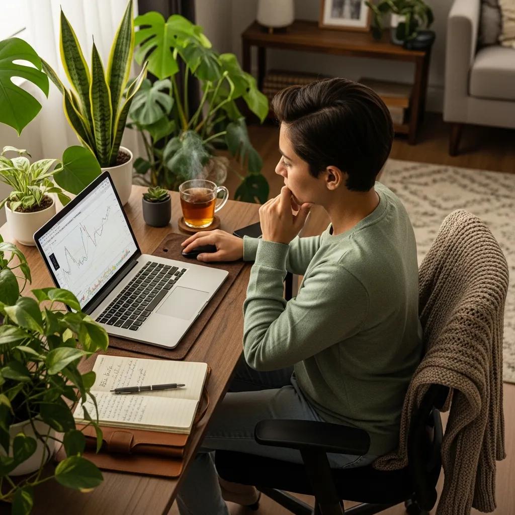 Individual reviewing investment portfolio on a laptop in a cozy home office