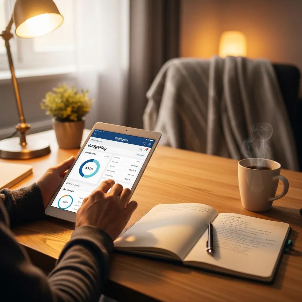 Individual using a budgeting app on a tablet with financial tools