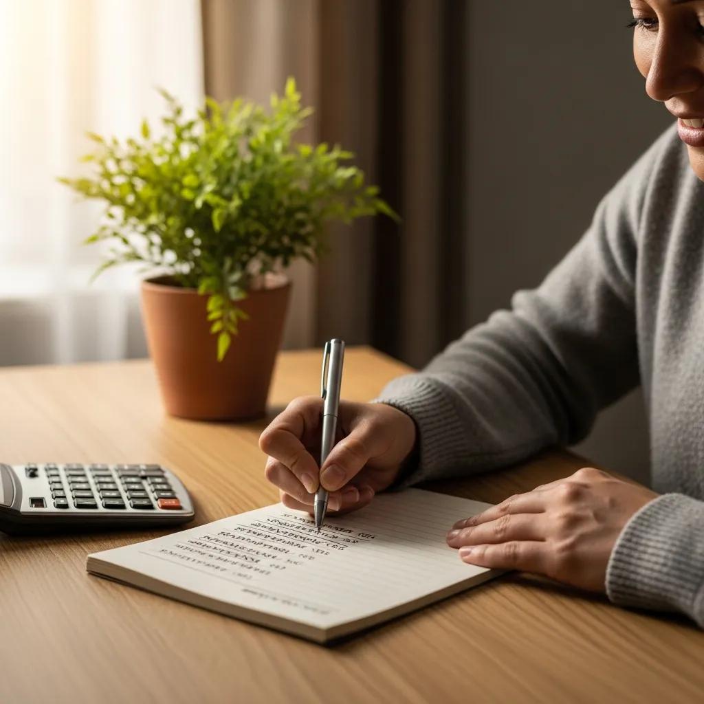 Person celebrating debt repayment progress with a notepad and calculator