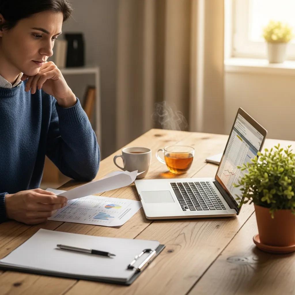 Person reviewing financial documents and laptop in a serene home office