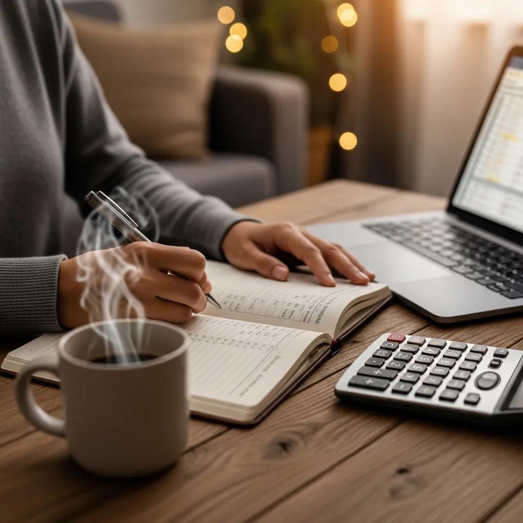 Person writing in a budgeting notebook with coffee and a calculator