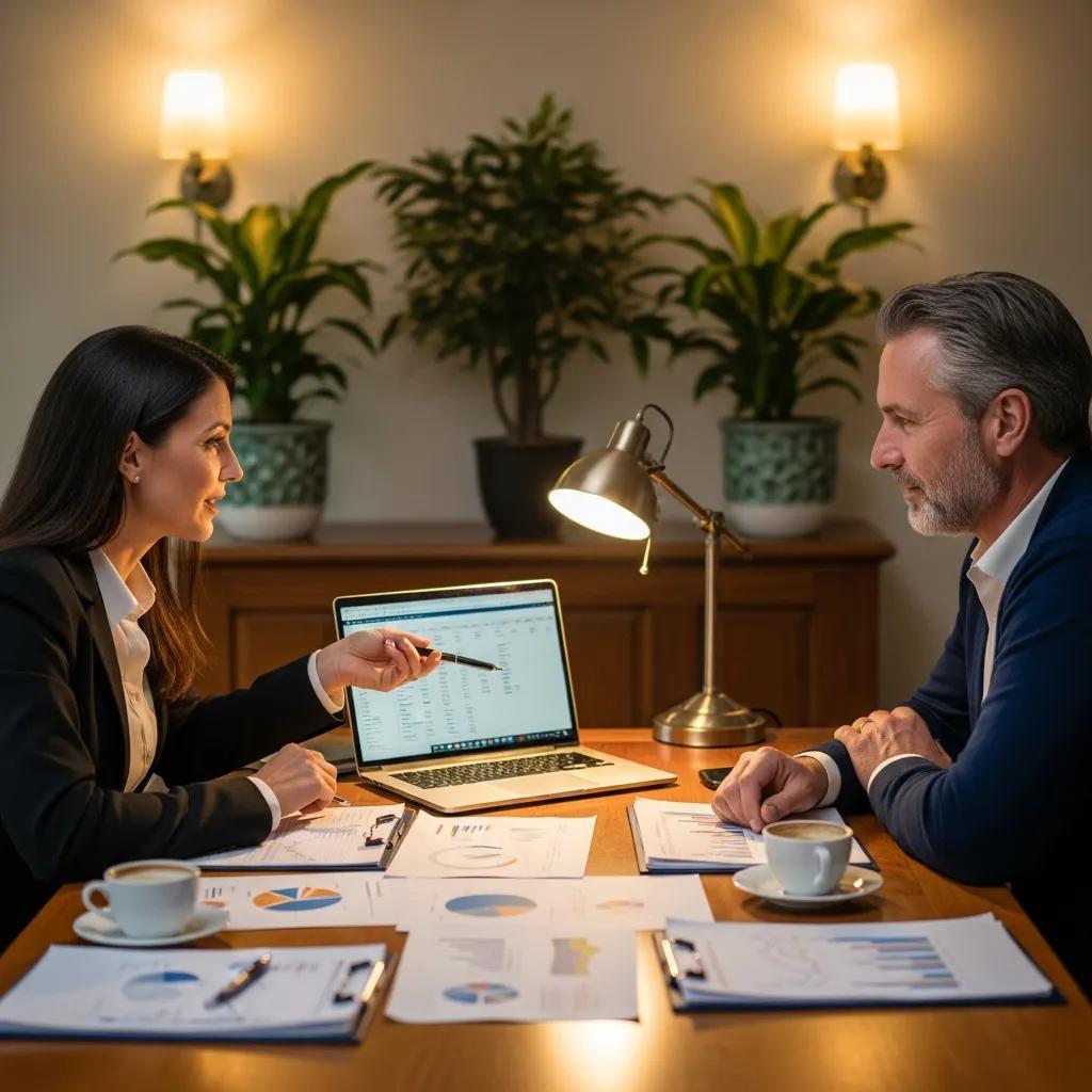 Private wealth advisor consulting with a high achiever in a cozy meeting room, highlighting personalized financial planning