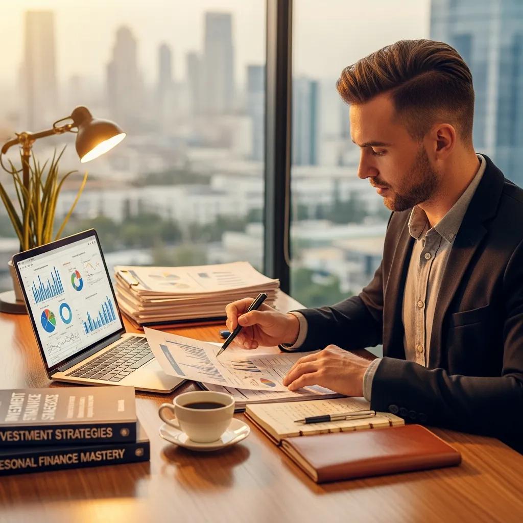 Professional reviewing financial documents in a modern workspace, emphasizing wealth management and planning