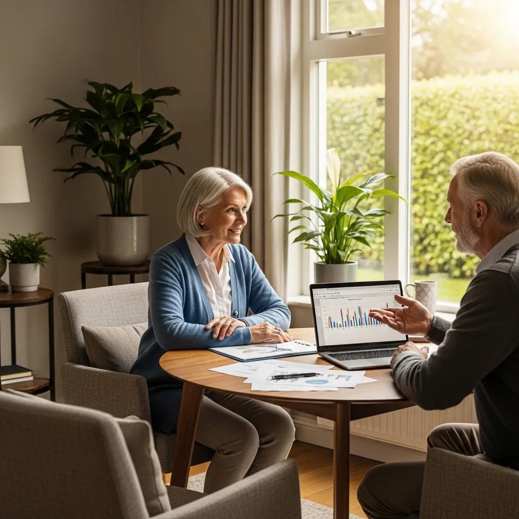 Retired couple discussing fixed income strategies at a cozy table in a well-lit living room, with financial documents and a laptop displaying investment charts.