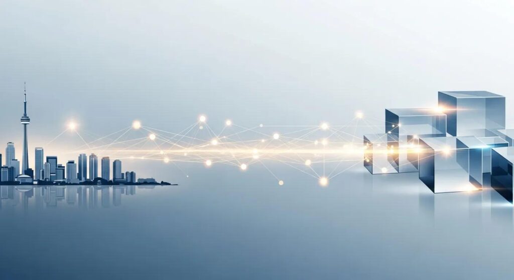 Toronto skyline with CN Tower and abstract geometric shapes representing financial growth and digital connectivity.