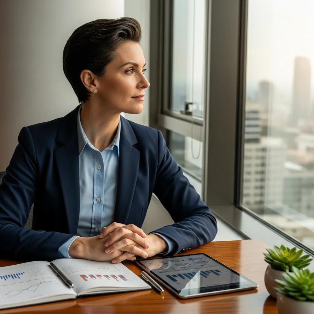 Business owner contemplating risk management strategies in a modern office, with financial reports and a tablet on the desk, emphasizing wealth protection and financial planning.