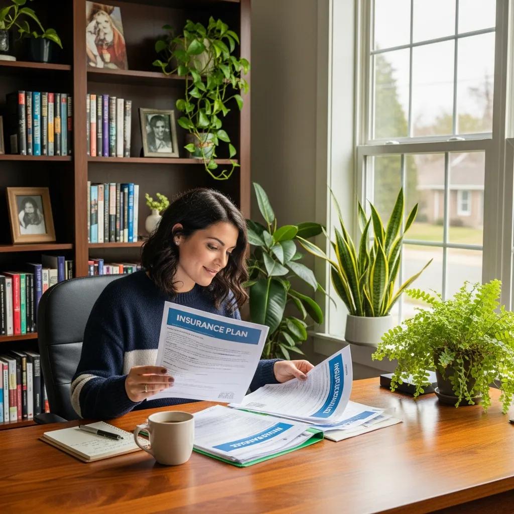 Business owner reviewing insurance plan documents in a cozy home office, surrounded by plants and books, emphasizing risk management strategies for wealth protection.