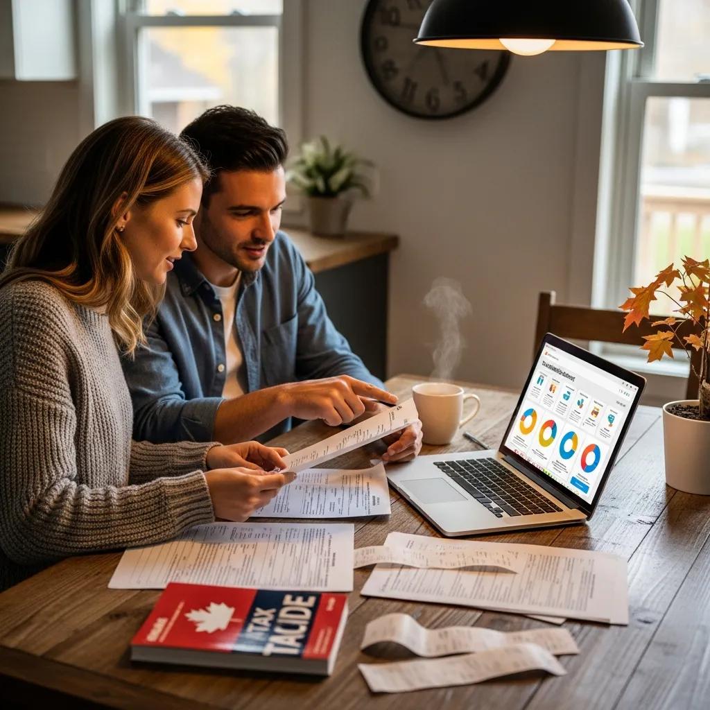 Canadian couple reviewing financial documents for tax-efficient budgeting at a kitchen table