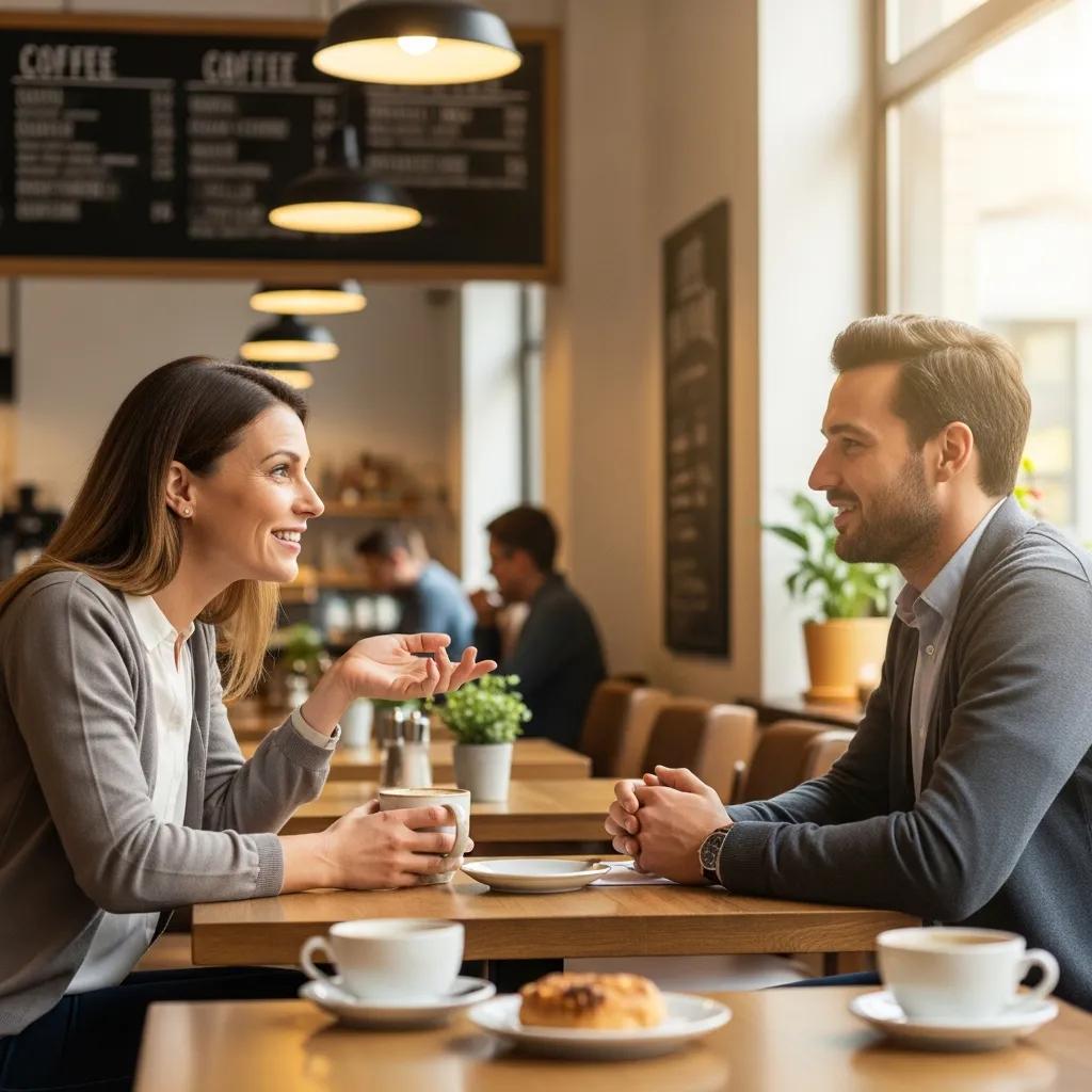 Client sharing a success story with a financial advisor in a cozy coffee shop
