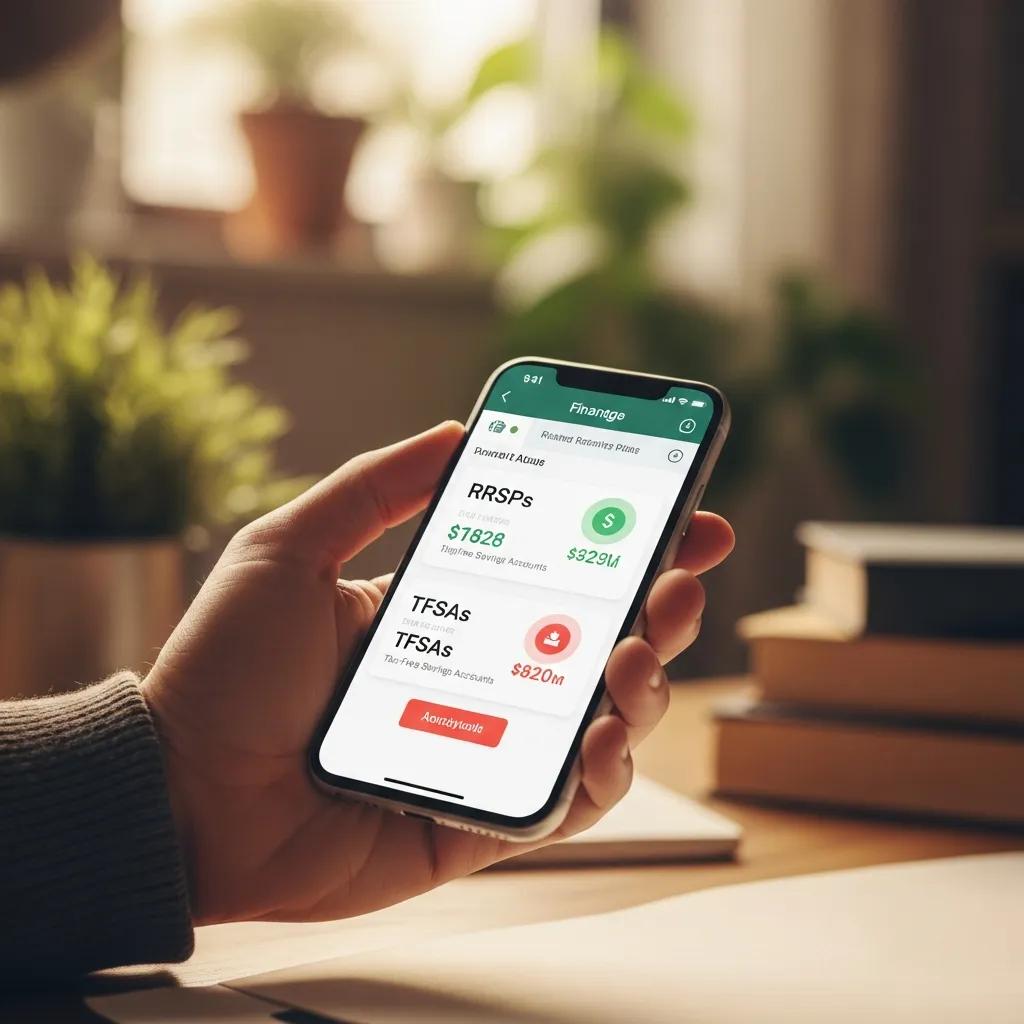 Close-up of a hand holding a smartphone displaying a financial app for RRSP and TFSA planning, showing account balances and features related to Canadian retirement savings.