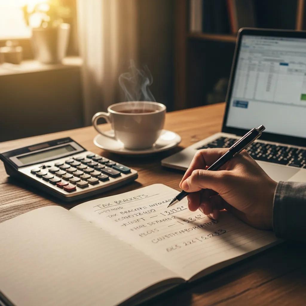Close-up of a hand writing tax bracket information with a calculator and tea