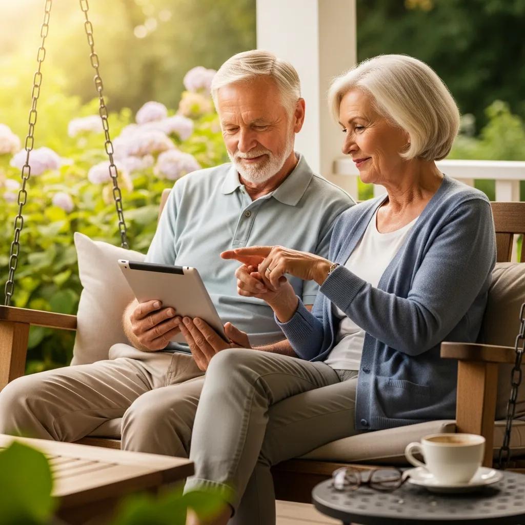 Couple discussing retirement planning on a porch, reviewing financial strategies on a tablet, with a warm and inviting atmosphere.