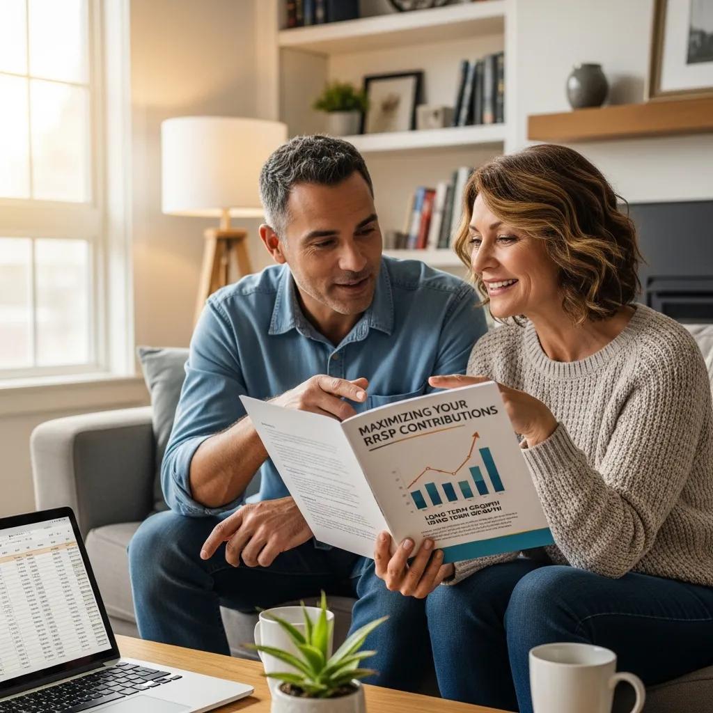 Couple discussing RRSP contribution strategies at home, reviewing a document titled "Maximizing Your RRSP Contributions" with a graph, laptop and plant on the table, highlighting retirement savings planning.