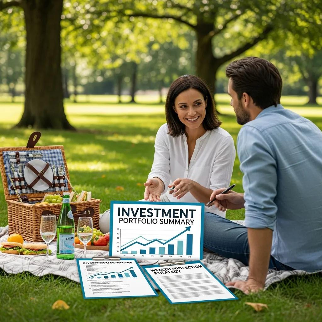 Couple discussing investment strategies outdoors, with picnic basket and financial documents titled "Investment Portfolio Summary" and "Wealth Protection Strategy," illustrating tax-efficient investment planning.