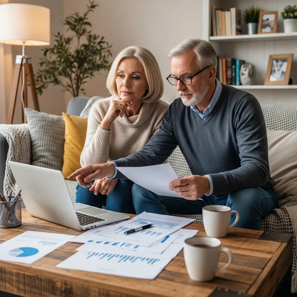 Couple reviewing retirement savings options on a laptop in a cozy home setting, surrounded by financial documents and coffee cups.
