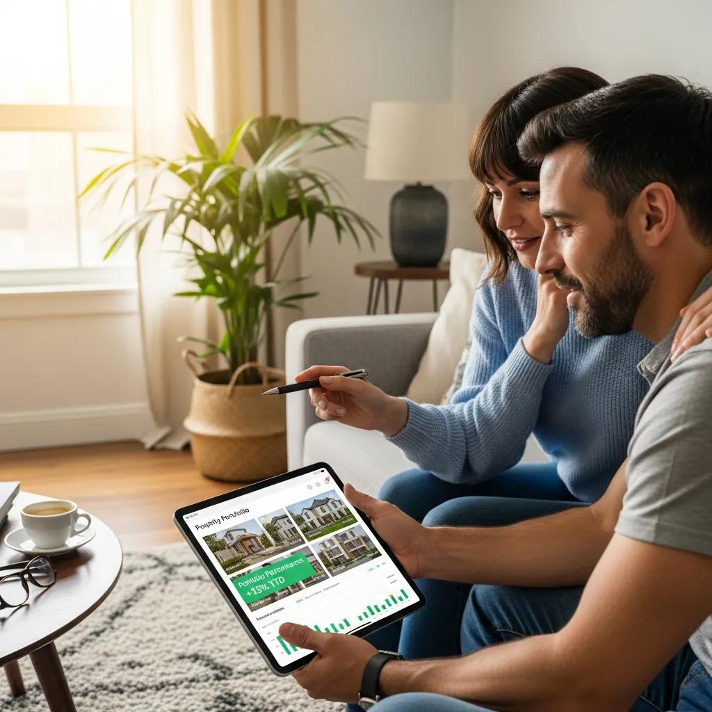 Couple reviewing their real estate portfolio on a tablet in a bright living room, emphasizing strategic investment planning and tax efficiency.