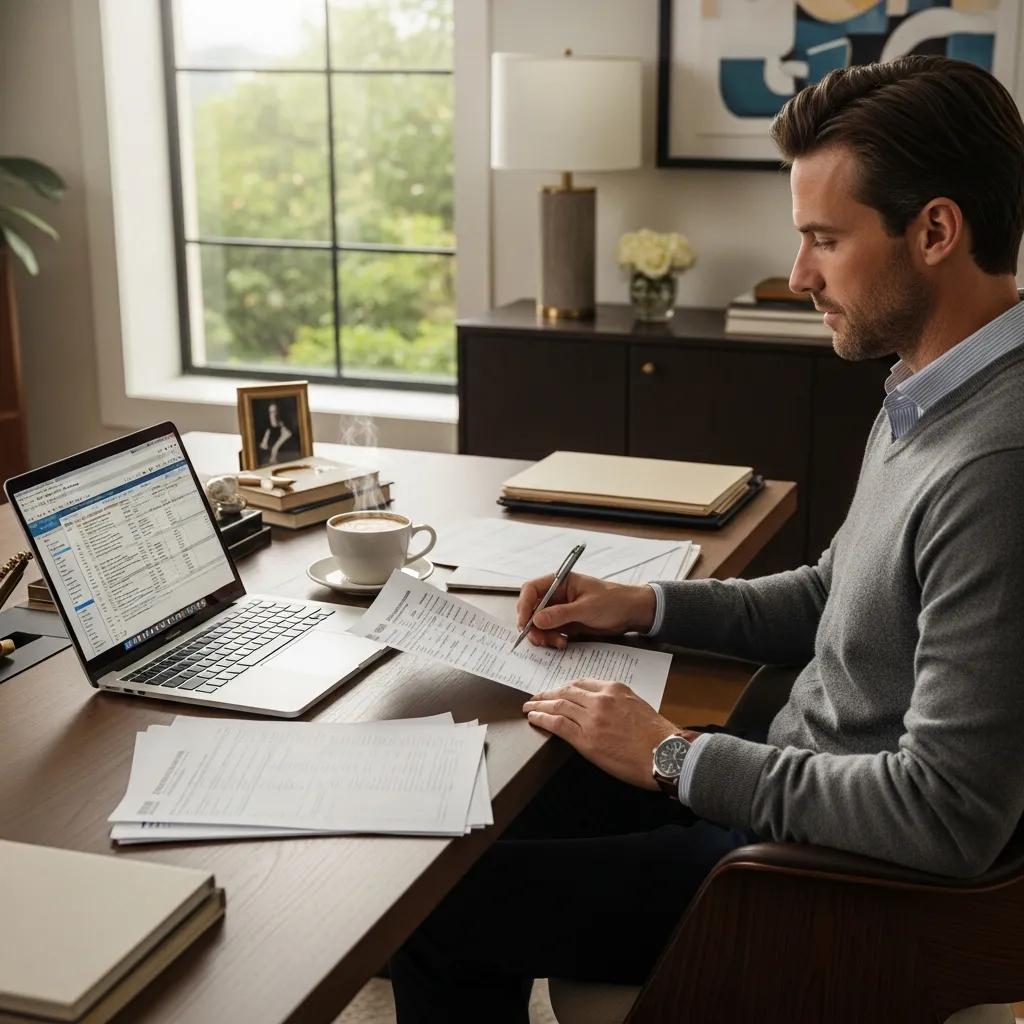 Cozy home office scene with a high-income individual reviewing financial documents