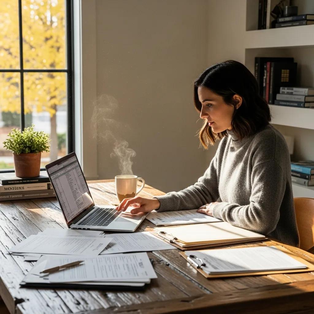 Cozy home office scene with a professional engaged in tax planning, using a laptop surrounded by financial documents and a steaming cup of coffee.