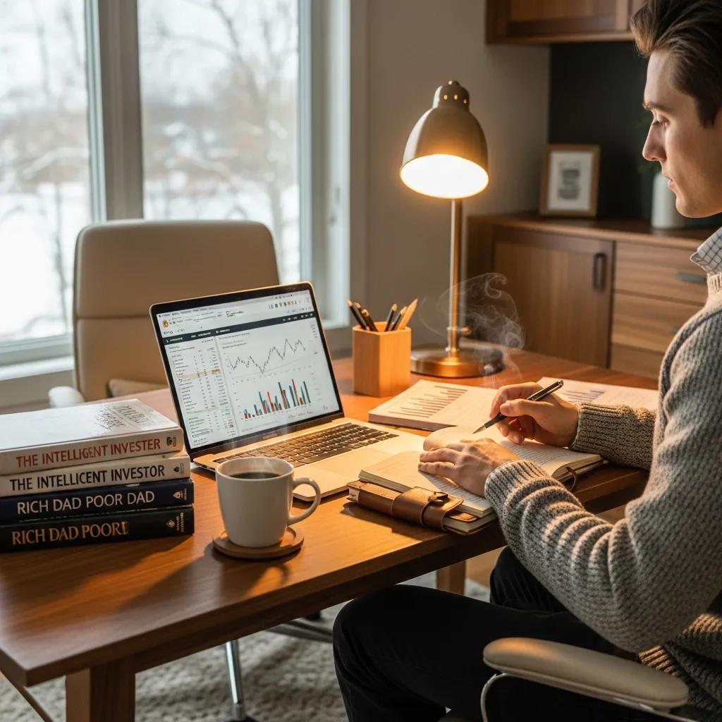 Cozy home office scene with financial materials and a laptop, emphasizing financial literacy for high achievers