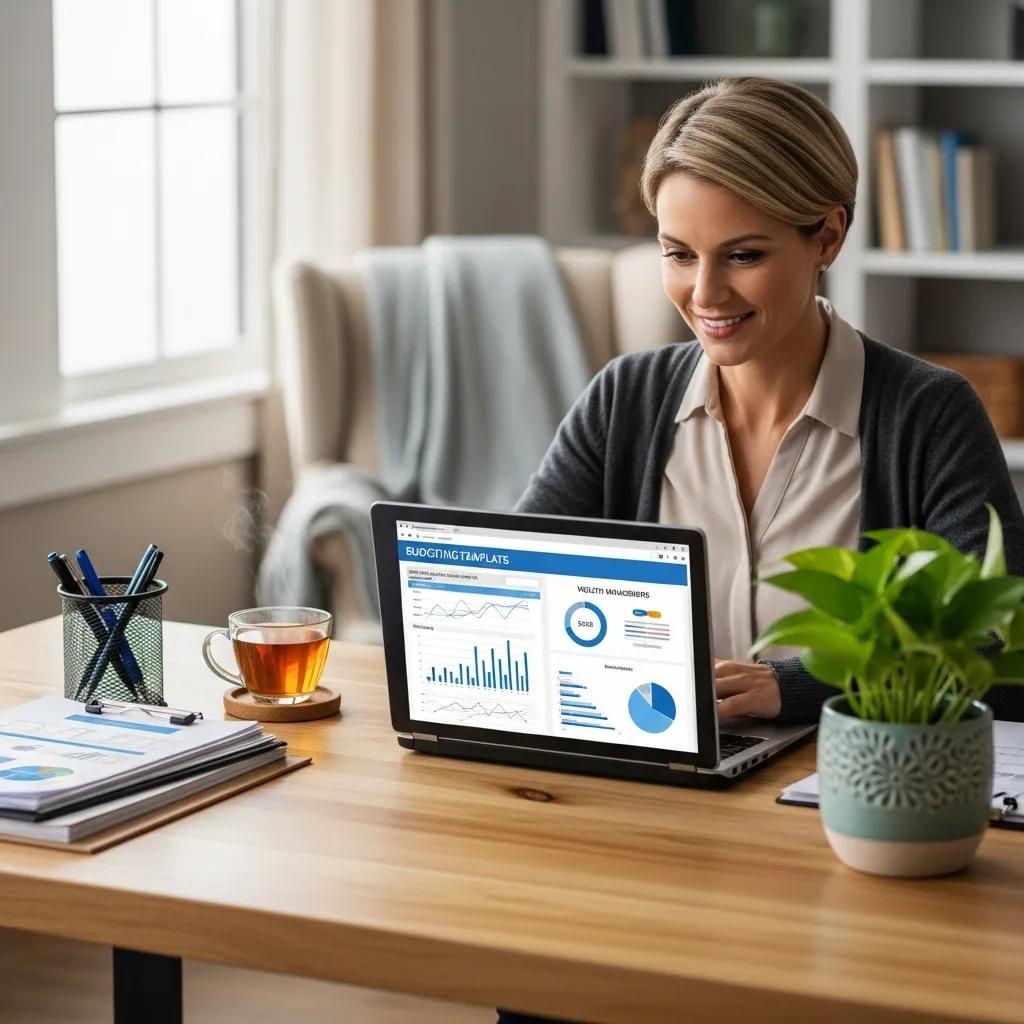 Cozy home office with a financial planner working on budgeting strategies and templates
