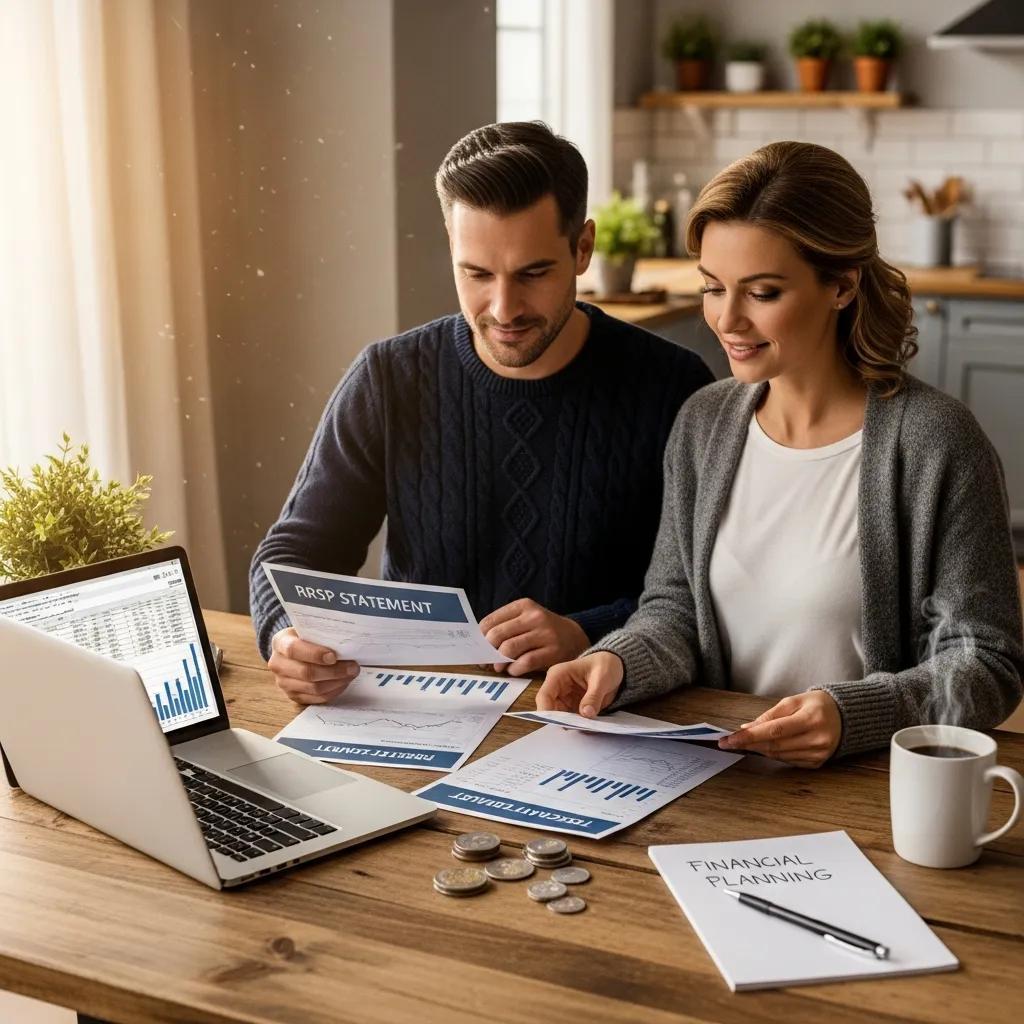 Cozy kitchen scene with a couple discussing RRSP and financial planning, reviewing documents and charts, laptop displaying financial data, coins on the table, emphasizing personal income tax strategies.