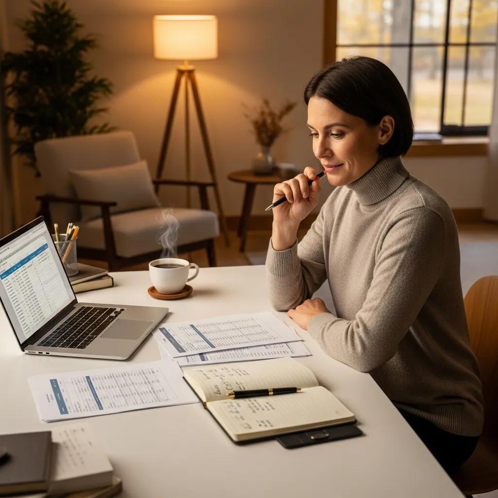 Cozy workspace featuring a woman contemplating personal income tax planning with a laptop, financial documents, and a steaming cup of coffee, emphasizing strategies for high earners.
