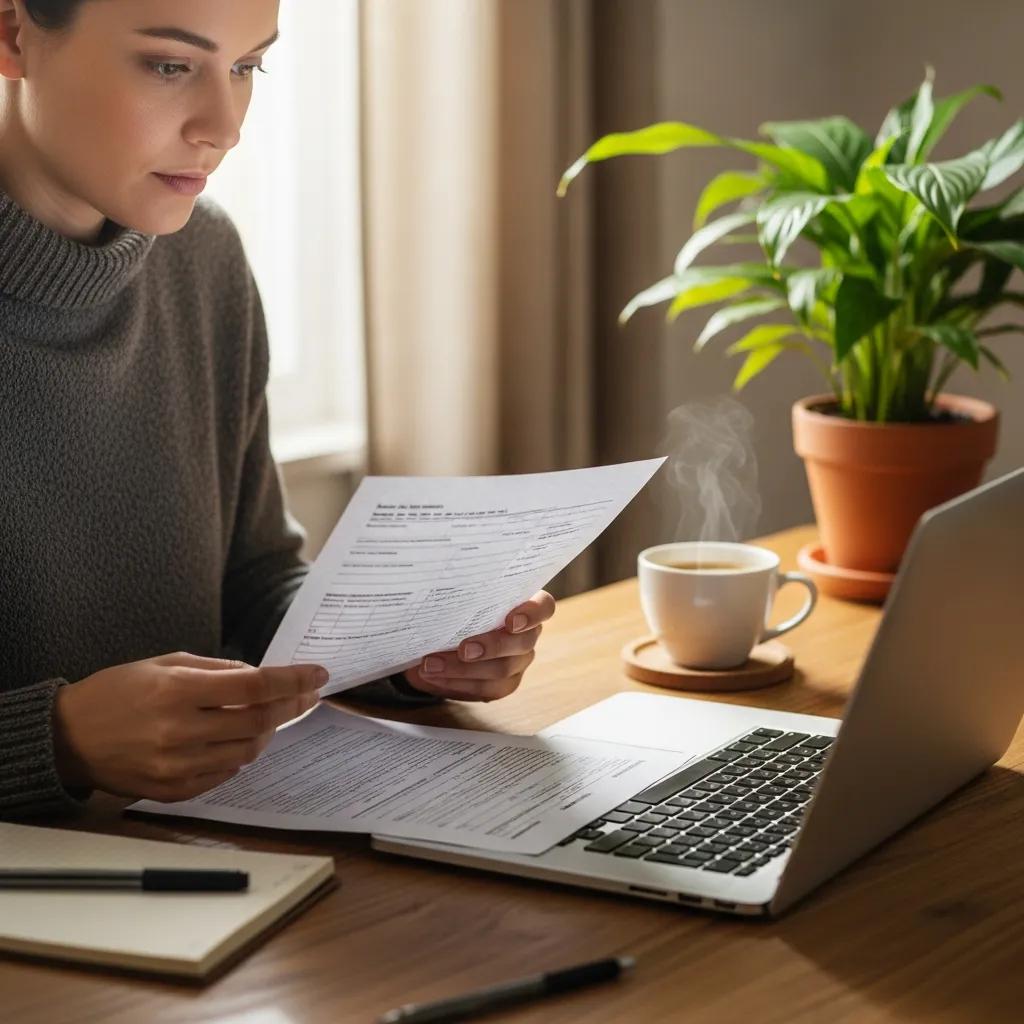 Cozy workspace with a person reviewing financial documents and tax forms