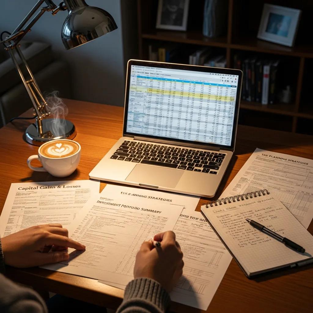 Cozy workspace featuring a laptop displaying financial data, capital gains documents, and a coffee cup, emphasizing capital gains planning and investment strategies.