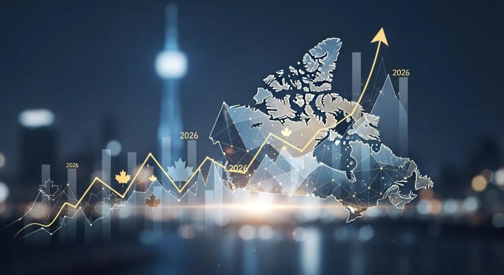 Map of Canada with financial growth indicators, including line graphs and upward trends, symbolizing current market trends and investment strategies for Canadian markets.