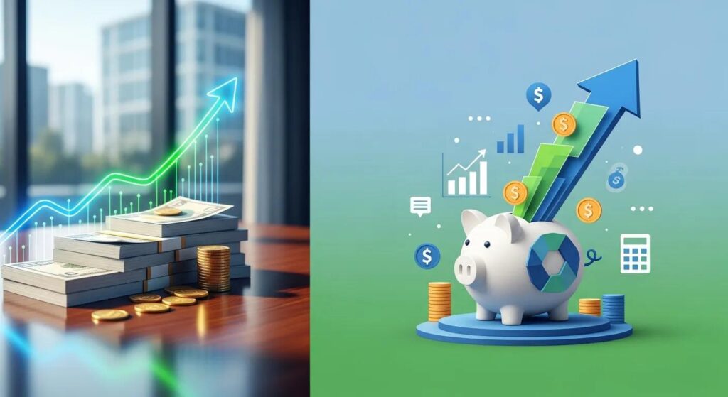 Financial growth illustration featuring stacked cash, coins, and a piggy bank with upward trend graphics, symbolizing wealth management and savings strategies in Canada.