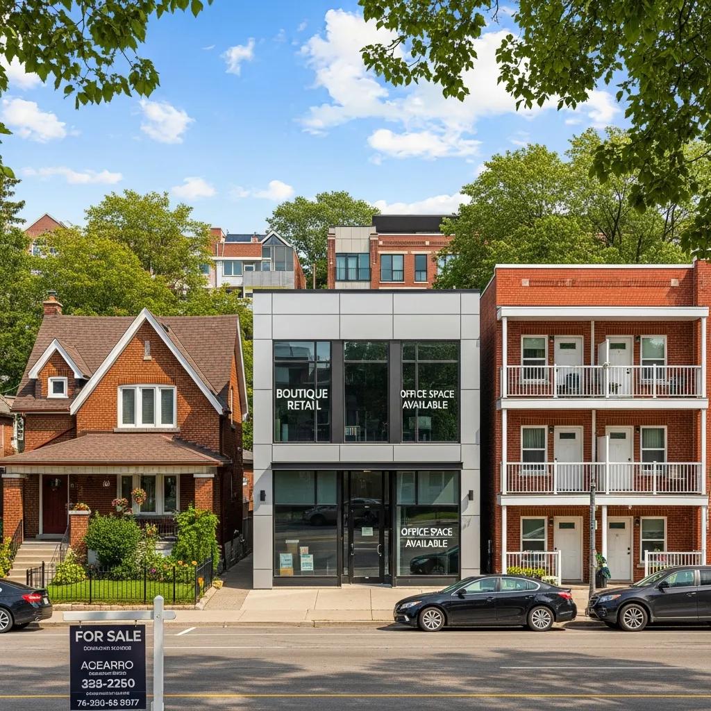 Boutique retail and office space available in modern building adjacent to residential properties, showcasing diverse investment opportunities in Ontario real estate.