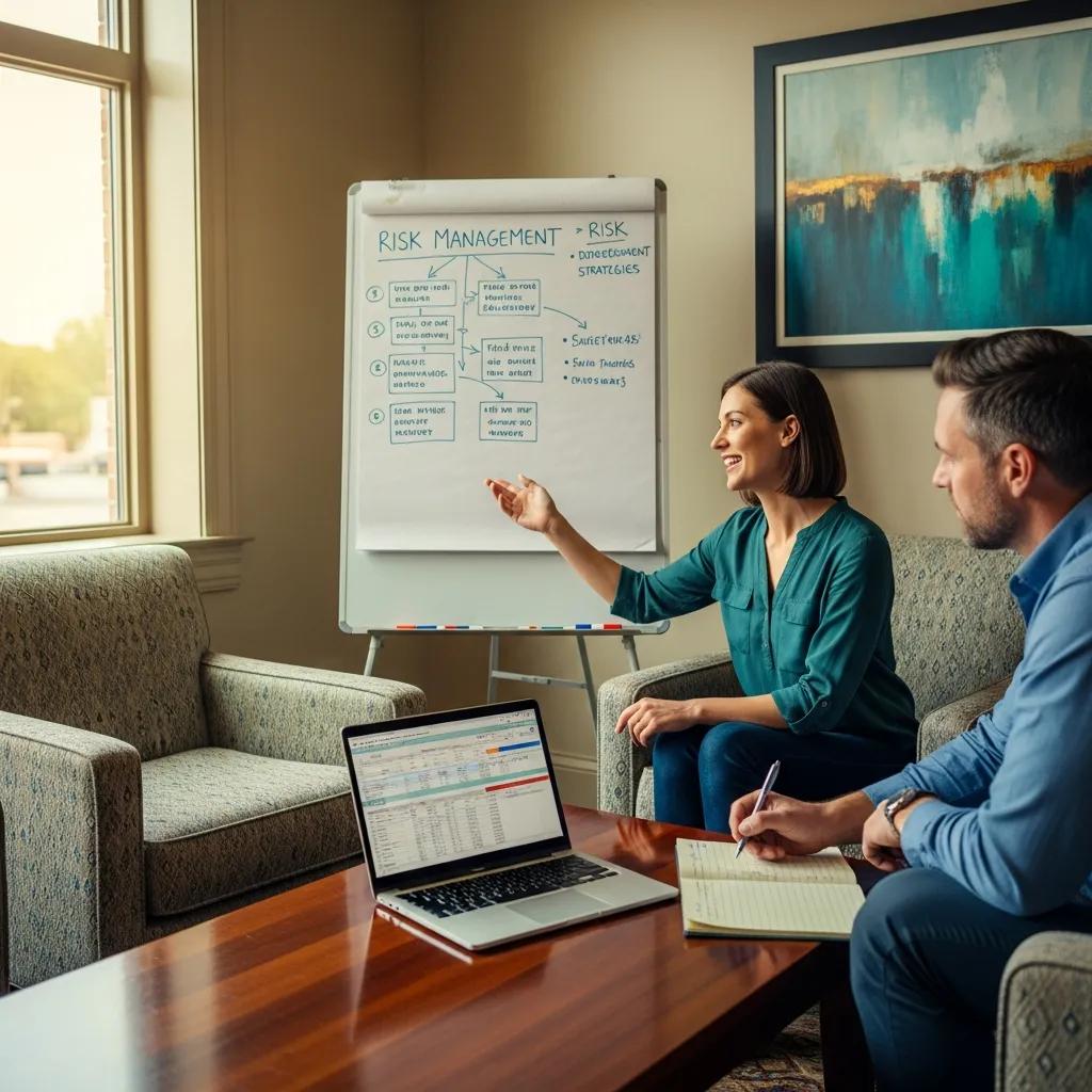 Entrepreneur discussing risk management strategies with a financial advisor in a cozy meeting room, featuring a whiteboard outlining risk management concepts and a laptop displaying financial data.